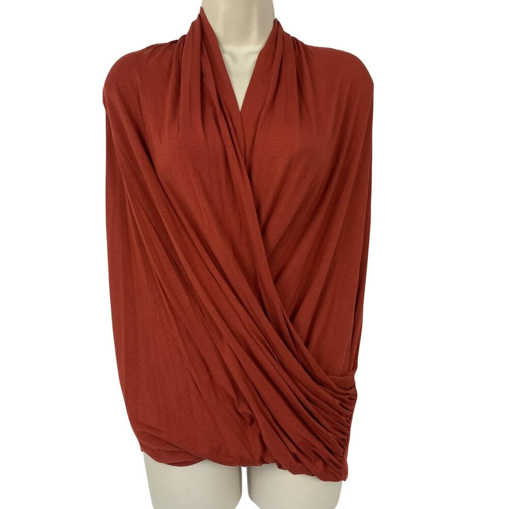 Karen Kane Wrap Top Womens Medium Rust Orange Draped Surplice Tank Slinky Knit